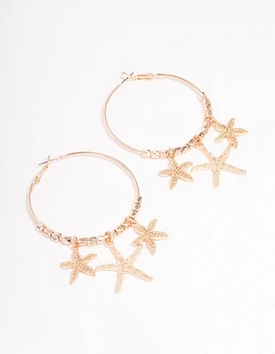 Gold Triple Starfish Hoop Earrings