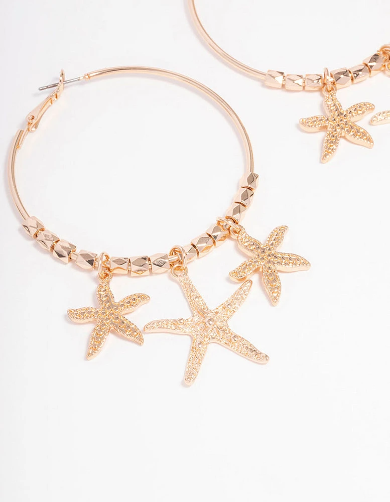 Gold Triple Starfish Hoop Earrings