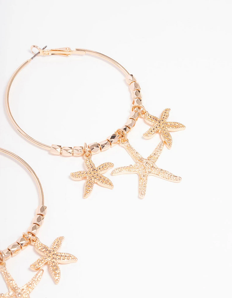 Gold Triple Starfish Hoop Earrings