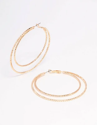 Gold Textured Double Large Hoop Earrings