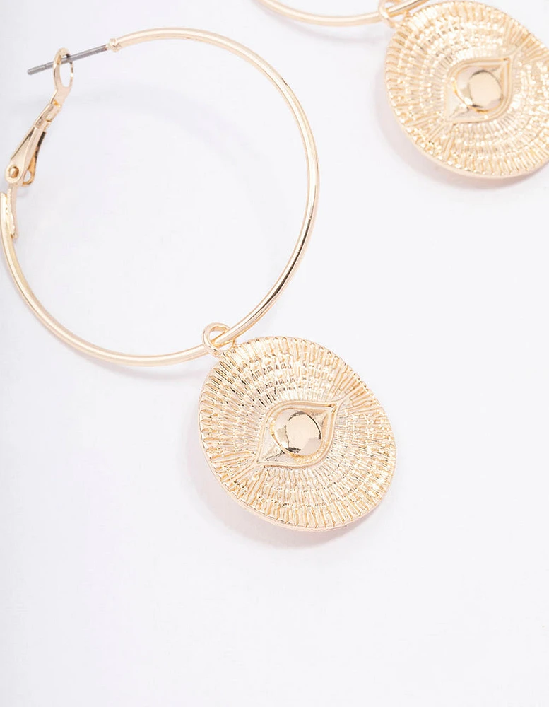 Gold Evil Eye Pendant Hoop Earrings