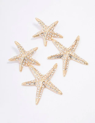 Gold Double Diamante Starfish Drop Earrings