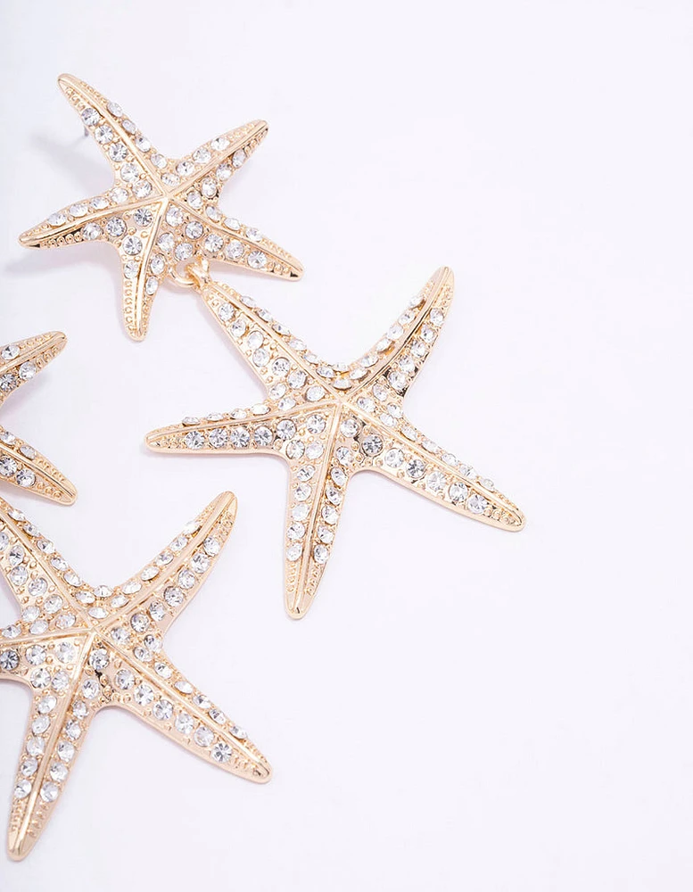 Gold Double Diamante Starfish Drop Earrings