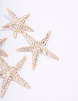 Gold Double Diamante Starfish Drop Earrings