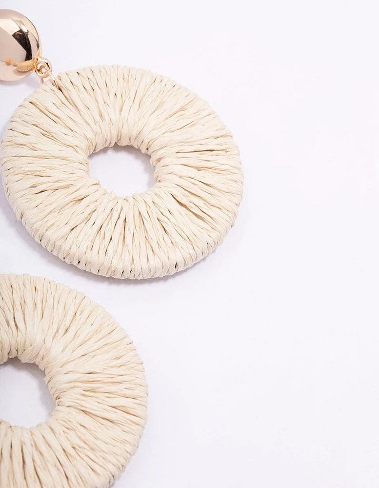 Gold Disc Raffia Circle Drop Earrings