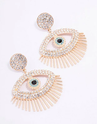 Gold Diamante Large Evil Eye Drop Earrings