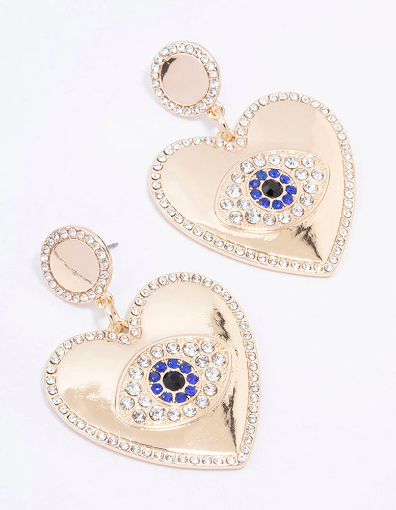 Gold Heart Diamante Eye Drop Earrings