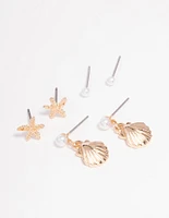 Gold Mixed Pearl Ocean Stud Earring 3-Pack