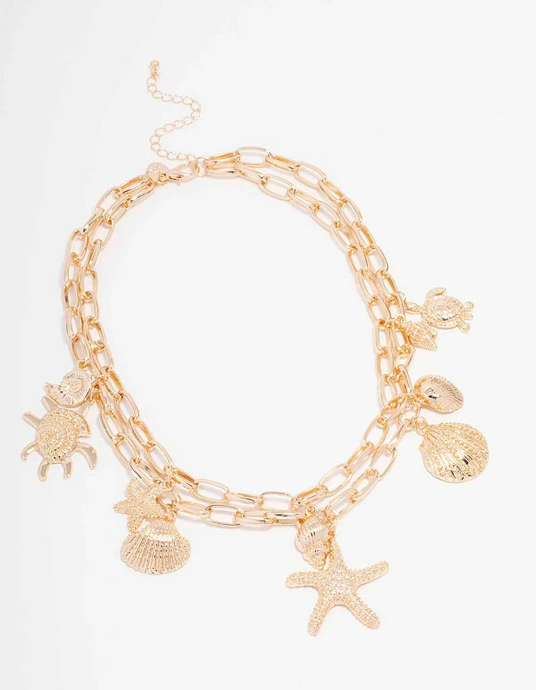 Gold Starfish & Turtle Layered Necklace