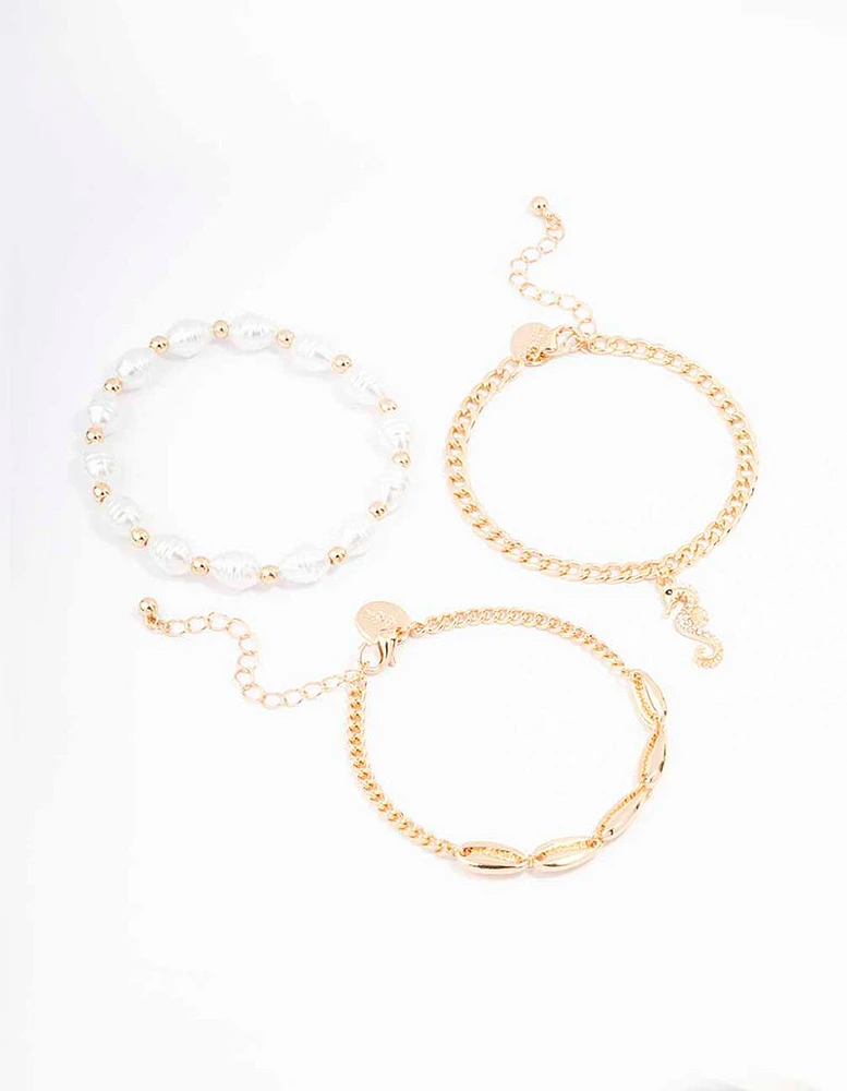 Gold Pearl Anklet & Bracelet 3-Pack