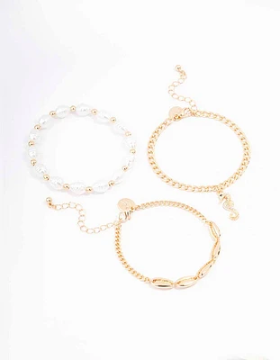 Gold Pearl Anklet & Bracelet 3-Pack