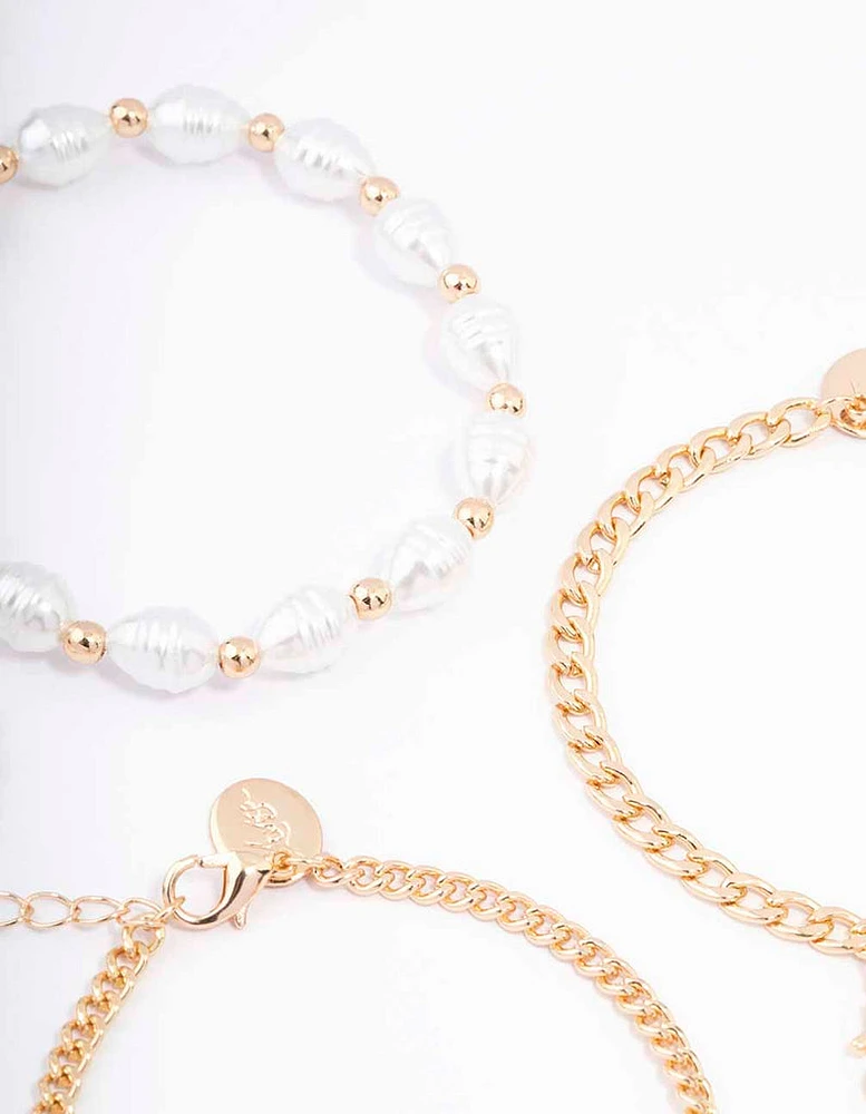 Gold Pearl Anklet & Bracelet 3-Pack