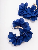 Gold Navy Fabric Flower Hoop Earrings