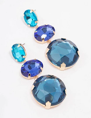 Gold Blue Cascading Triple Stone Drop Earrings