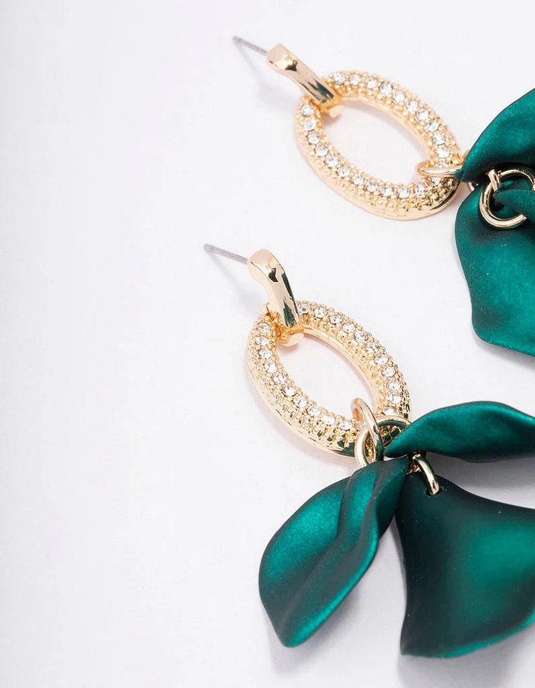 Gold & Green Petal Diamante Drop Earrings