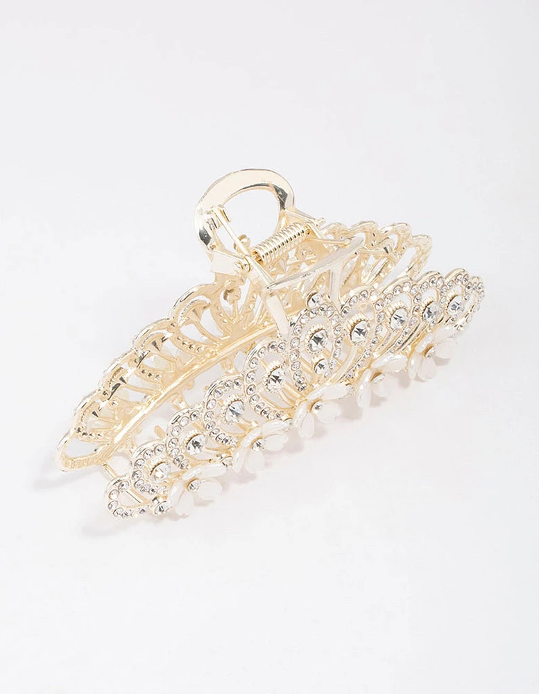 Gold Ornate Diamante & Flower Hair Claw Clip