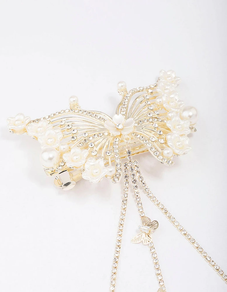 Gold Floral Diamante Butterfly Hair Claw Clip