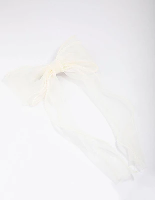 White Organza Fabric Pearl Twist Bow Hair Clip