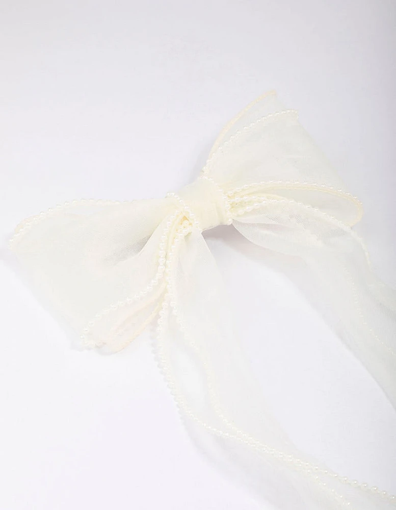 White Organza Fabric Pearl Twist Bow Hair Clip