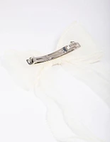 White Organza Fabric Pearl Twist Bow Hair Clip