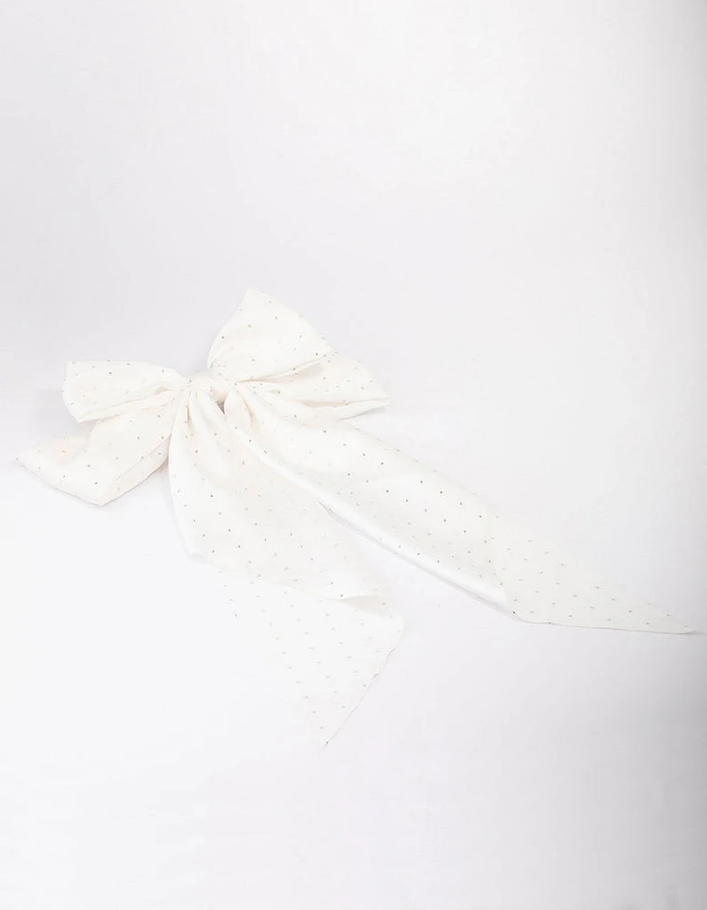 White Fabric Satin Drop Bow Hair Clip