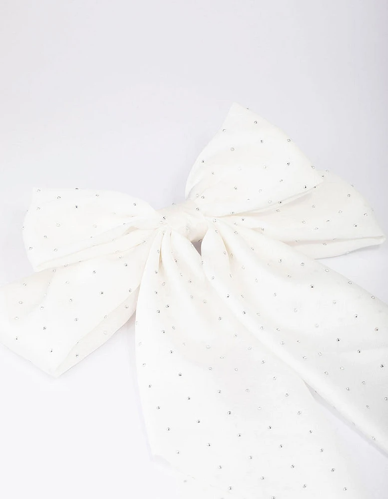 White Fabric Satin Drop Bow Hair Clip