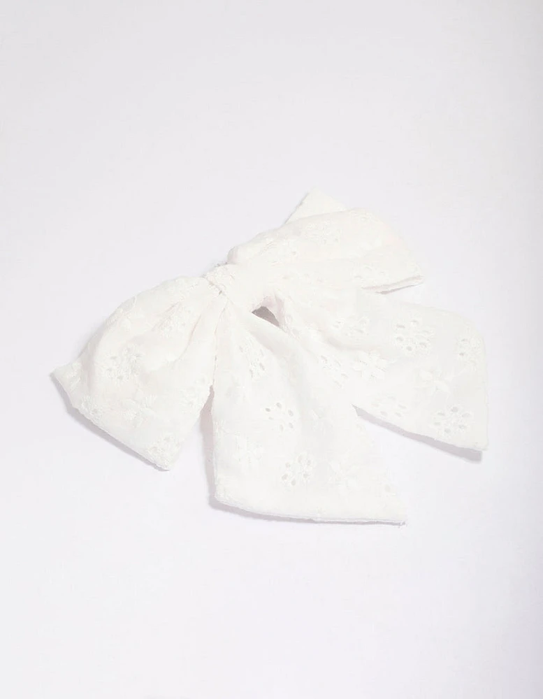 White Fabric Embroidered Hair Bow Clip