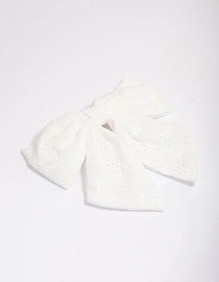 White Fabric Embroidered Hair Bow Clip