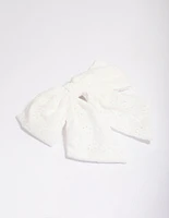 White Fabric Embroidered Hair Bow Clip