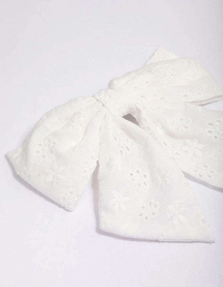 White Fabric Embroidered Hair Bow Clip