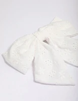 White Fabric Embroidered Hair Bow Clip