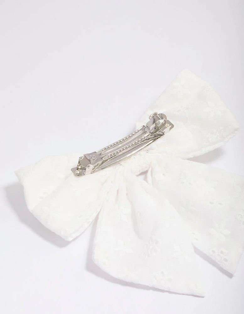 White Fabric Embroidered Hair Bow Clip