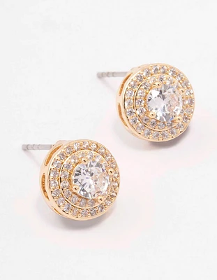 Gold Round Stone Ornate Stud Earrings