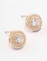 Gold Round Stone Ornate Stud Earrings