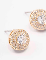 Gold Round Stone Ornate Stud Earrings