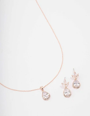 Rose Gold Leaf Pear Halo Necklace & Drop Earring Set