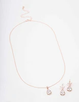 Rose Gold Leaf Pear Halo Necklace & Drop Earring Set