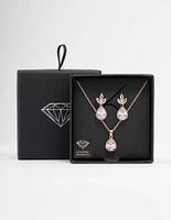 Rose Gold Leaf Pear Halo Necklace & Drop Earring Set