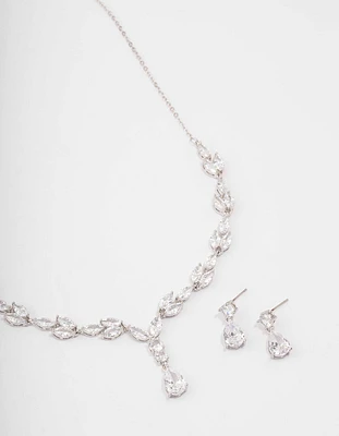 Rhodium Marquise Pear Necklace & Drop Earring Set