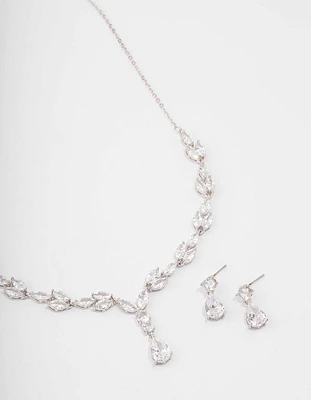 Silver Marquise Pear Necklace & Drop Earring Set