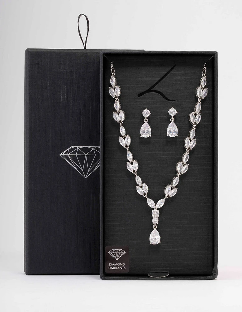 Rhodium Marquise Pear Necklace & Drop Earring Set