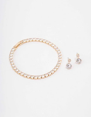 Gold Round Tennis Bracelet & Earring Set
