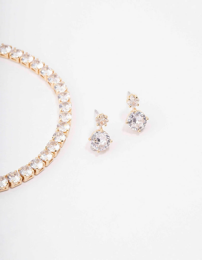 Gold Round Tennis Bracelet & Earring Set