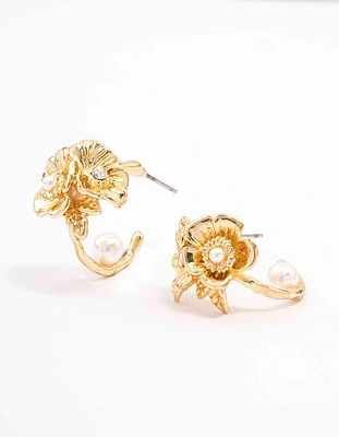 Gold Plated Flower Pearl Hoop Earrings