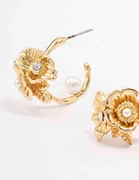 Gold Plated Flower Pearl Hoop Earrings