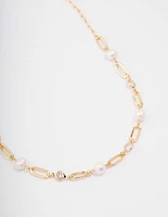 Gold Plated Alternating Cubic Zirconia & Pearl Link Short Necklace