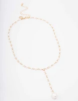 Gold Plated Large Pearl Y-Shaped Pendant Necklace