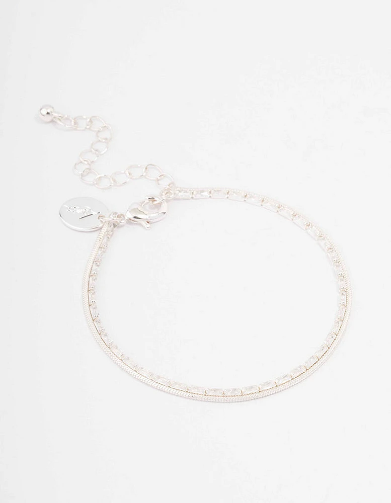 Silver Plated Cubic Zirconia Dainty Baguette Layered Bracelet