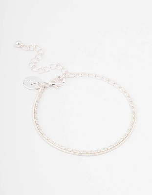 Silver Plated Cubic Zirconia Dainty Baguette Layered Bracelet