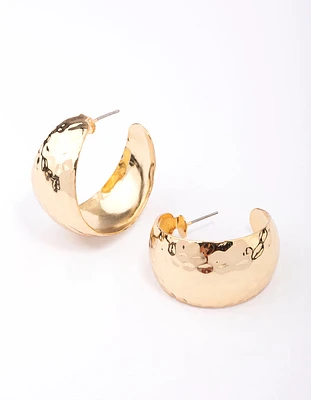 Gold Plated Wide Hammered Hoop Earrings